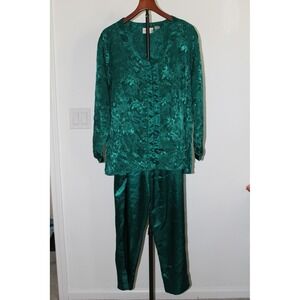 VTG Victoria's Secret‎ Long Sleeve Emerald Green Floral Satin Pajama Set Size M